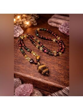 Artisan Hand Crafted Genuine Stone Raw Tigers Eye, Amber and Citrine Mala